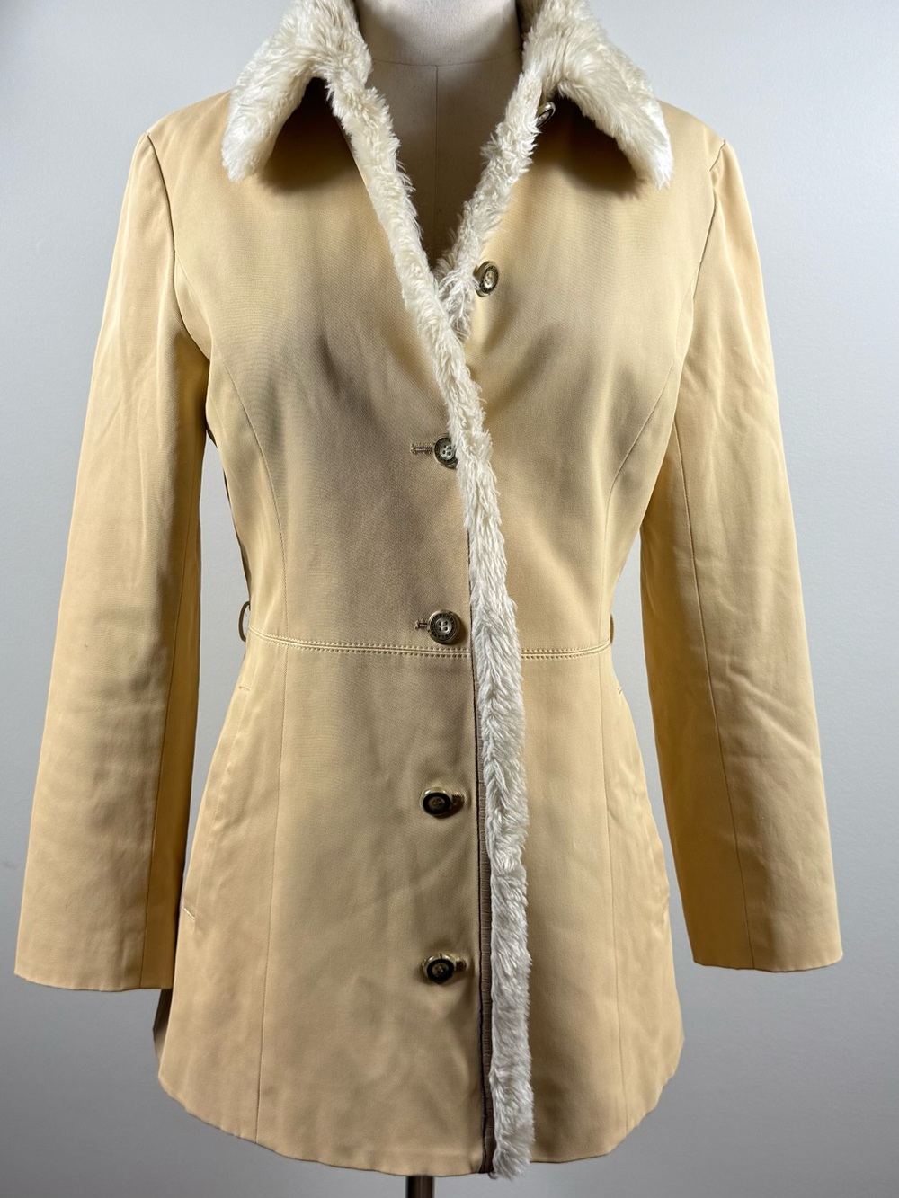 Burberry Blue Label Camel Coat Fur Collar Nova Check